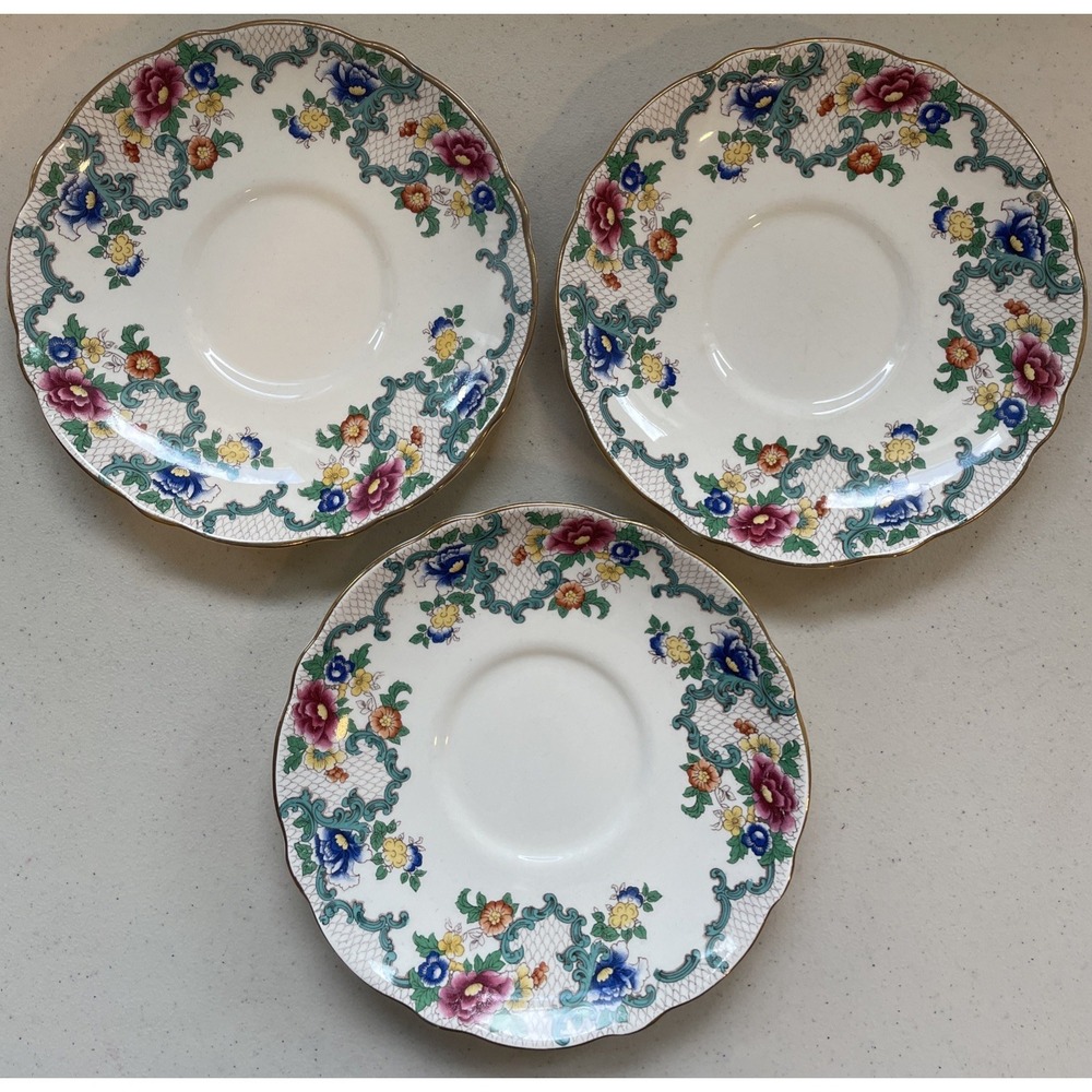 Vintage Royal Cauldon Victoria Lot Of Three 6.75" Saucers Floral 22 Kt Gold Edge